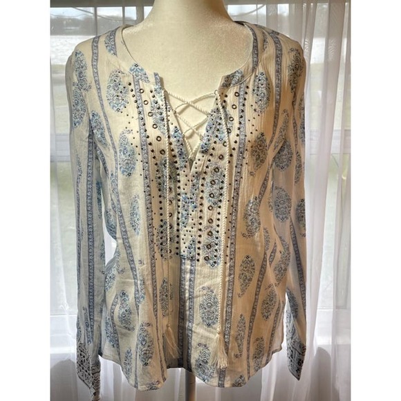 Victoria Secret Size Small Boho Blouse Blue White Long Sleeve Pullover‎ - Picture 1 of 5